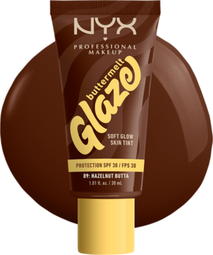 Tint do twarzy NYX Buttermelt Glaze Hazelnut Butta SPF 30, brązowa tubka z żółtym tekstem, widok z przodu.
