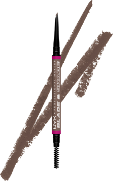 NYX Blade & Shade Nano Brow Pencil Cool Ash Brown, dwustronna kredka z nano ostrzem, na brązowych smugach.