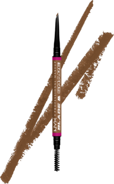 Dwustronna kredka NYX Blade & Shade Nano Brow Pencil, brązowa, leży ukośnie na dwóch brązowych kreskach.