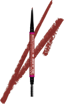 NYX Blade & Shade Nano Brow Pencil, Rich Auburn, dwustronna. Widoczna pod skosem z dwoma swatchami koloru.
