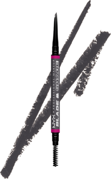 NYX Blade & Shade Nano Brow Pencil Grey. Dwustronna kredka do brwi z końcówką blade, szare smugi na tle.