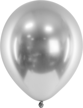 Srebrny, okrągły balon Glossy z lustrzanym połyskiem, ujęcie z przodu, jako dekoracja imprezowa.