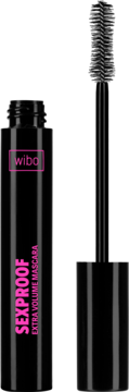 Czarna maskara Wibo Sexproof Extra Volume z otwartą butelką i wysuniętą szczoteczką, różowe napisy.