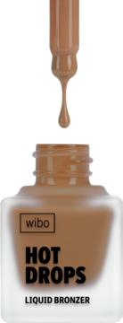 WIBO Hot Drops Liquid Bronzer, ciepły odcień 02, z matowej butelki kapie brązowy płyn.