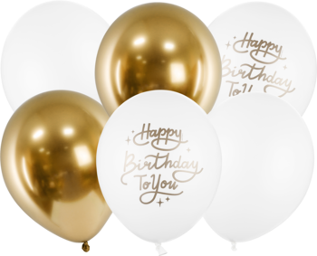 Zestaw 6 dekoracyjnych balonów urodzinowych: złote glossy i białe pastelowe, niektóre z napisem 'Happy Birthday To You'.