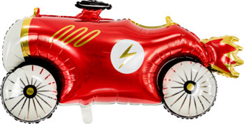 Dekoracyjny czerwony balon foliowy PartyDeco, w kształcie auta wyścigowego z piorunem, widok z boku.
