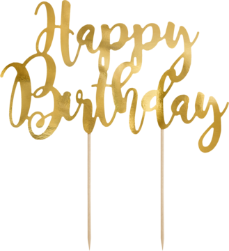 Złoty, lustrzany topper na tort z napisem 'Happy Birthday' w eleganckim skrypcie, na patyczkach.