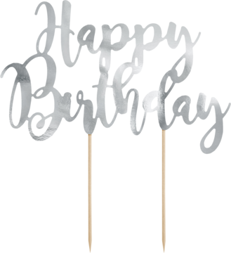 Srebrny lustrzany topper na tort z napisem 'Happy Birthday' w eleganckiej czcionce, na dwóch patyczkach.