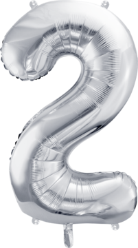 Srebrny balon foliowy w kształcie cyfry 2, z lśniącym, metalizowanym wykończeniem, ujęcie z przodu.