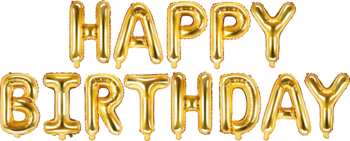 Złoty metalizowany balon foliowy "Happy Birthday" od PartyDeco, frontalny widok napisu, dekoracja urodzinowa.