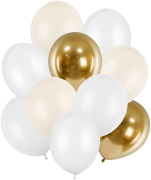 Zestaw 10 balonów lateksowych: pastelowy alabaster, metalizowana biel, glossy złoto, ułożone w bukiet.