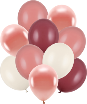Zestaw 10 balonów lateksowych w odcieniach: pastelowy alabaster, różowe złoto, śliwka, różowy. Widok na zgrupowane balony.