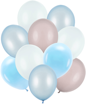 Zestaw lateksowych balonów: białe, pastelowe błękitne, błękitne metaliczne i beżowe. Widok z bliska na bukiet idealny na baby shower.