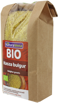 Brązowa torba BIO kaszy bulgur NaturaVena z okienkiem, wysoki błonnik, widok z przodu.