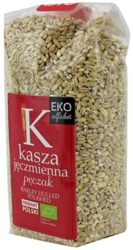 Ekologiczna kasza jęczmienna pęczak EKO Alfabet w przezroczystym worku z czerwoną etykietą, widok z przodu.