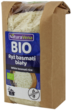 Opakowanie ekologicznego białego ryżu basmati NaturaVena, brązowa torba z niebieską etykietą, widok z przodu, bezglutenowy.