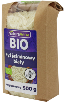 NaturaVena BIO ryż jaśminowy biały bezglutenowy w brązowej torbie 500g, widok z przodu z fioletową etykietą.
