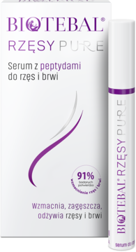Serum Biotebal Rzęsy Pure z peptydami: białe opakowanie i tubka, z fioletowymi detalami i tekstem.