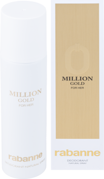 Damski dezodorant Rabanne Million Gold For Her: biały spray i złote pudełko obok siebie, widok przód.
