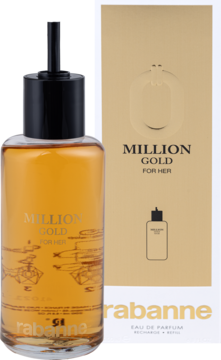 Bursztynowa butelka z czarnym dozownikiem perfum Rabanne Million Gold For Her refill i złote opakowanie.
