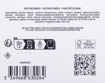Tył białego opakowania Rabanne Million Gold For Her, z napisem RECARGABLE, składem, kodem QR i symbolami.