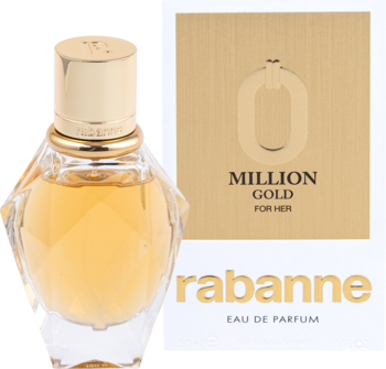 Rabanne Million Gold For Her woda perfumowana w złotej, fasetowanej butelce i pudełko '0', widok z przodu.