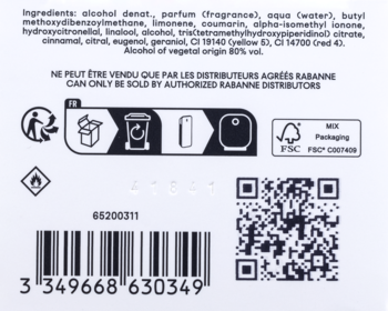 Tył opakowania Rabanne Million Gold Intense: biała etykieta z ostrzeżeniami, kodem kreskowym, QR i symbolami.