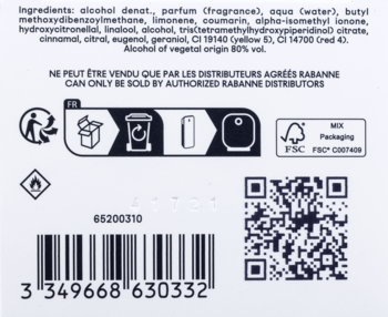 Tył opakowania perfum Rabanne, widok etykiety ze składnikami, symbolami recyklingu, kodem QR i kodem kreskowym.