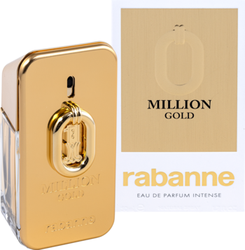 Złota butelka perfum Rabanne Million Gold Intense w kształcie sztabki i białe pudełko, widok z przodu.