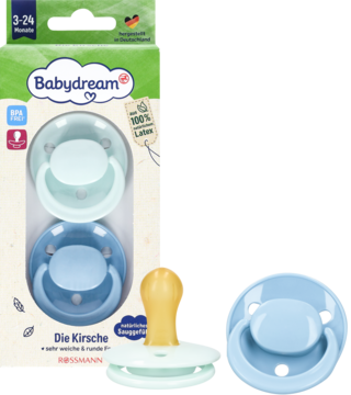 Dwa lateksowe smoczki Babydream 3-24m, jasnoniebieski i niebieski, z okrągłą tarczą. Widok opakowania z przodu.