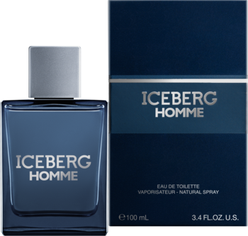 Frontalny widok ciemnoniebieskiej butelki męskiej wody toaletowej Iceberg Homme 100ml z srebrnym korkiem obok pasującego pudełka.