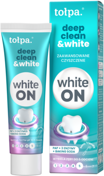 Tołpa Deep Clean & White White ON pasta wybielająca, turkusowa tubka i pudełko z napisem "white ON", widok z przodu.