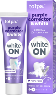 Tołpa Purple Corrector & White, pasta wybielająca, w fioletowo-białej tubce i pudełku, niweluje żółte tony.