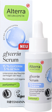 Alterra glycerin Serum 15% Glycerin 5% Betain w białym pudełku i butelce z kroplomierzem, lekko z boku.