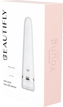 Biały antytrądzikowy masażer Beautyfly B-Glossy Acne Young LED w pudełku z różowymi akcentami, widok z przodu.