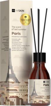 Hiskin Paris Fragrance Diffuser w brązowej butelce z patyczkami, beżowe pudełko z Wieżą Eiffla, nuty kwiatowo-owocowe.