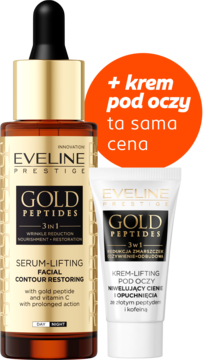 Eveline Gold Peptides 3w1: serum liftingujące w złotej butelce i krem pod oczy w białej tubce, widok z przodu.