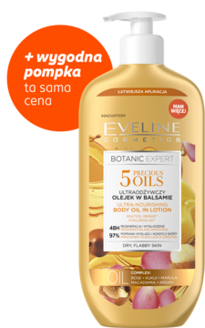 Złoty Eveline Botanic Expert 5 Oils olejek w balsamie z wygodną pompką do suchej skóry, widok z przodu.