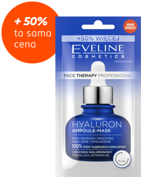 Eveline Hyaluron Ampoule-Mask, serum-maska z 1.5% kwasem hialuronowym, niebieskie opakowanie z pipetą na pomarańczowym tle.