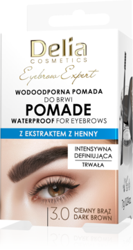 Delia Eyebrow Expert wodoodporna pomada do brwi, ciemny brąz, opakowanie z grafiką oka, widok z przodu.