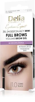 Delia Eyebrow Expert Full Brows czarny żel zagęszczający z mikrowłóknami, białe opakowanie z modelem.