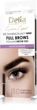 Delia Cosmetics Full Brows Volume Brow Gel Dark Brown 3.0, z mikrowłóknami, w białym pudełku z aplikatorem i okiem.