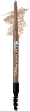 Alterra Automatic Eyebrow Pen, 01 Almond, brązowa kredka ze szczoteczką, obok jasny swatch koloru.
