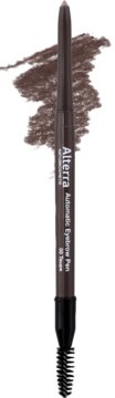 Alterra Automatyczna Kredka do Brwi 03 Taupe, ciemnobrązowa, z wysuwanym rysikiem, pędzelkiem i swatch'em koloru.