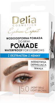 Delia Eyebrow Expert wodoodporna pomada do brwi jasny brąz z ekstraktem z henny, opakowanie z okiem, widok z przodu.