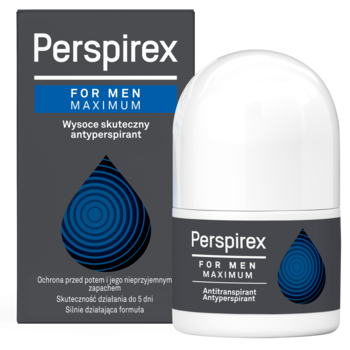 Skuteczny antyperspirant Perspirex For Men Maximum w białej kulce i pudełku, z grafiką niebieskiej kropli.
