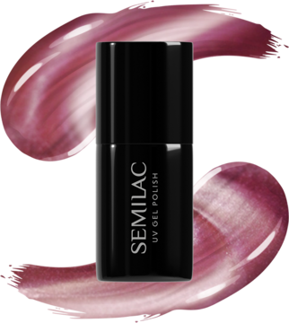 Czarna butelka magnetycznego lakieru Semilac Blush Gloss, widok z przodu na tle różowych smug Glass Nails.