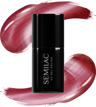 Czarna butelka Semilac Rosé Gloss UV Gel Polish, lakier magnetyczny Glass Nails na tle lśniącego różu.