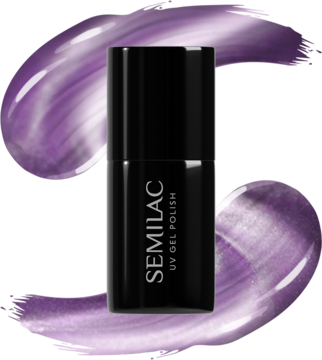 Magnetyczny lakier hybrydowy Semilac Lilac Gloss w czarnej butelce, na fioletowym tle z efektem metalicznym.