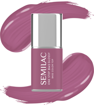 Lakier Semilac One Step Glossy Purple Beige, fioletowy 3w1, elegancka butelka z srebrną nakrętką na tle rozmazanego wzoru.